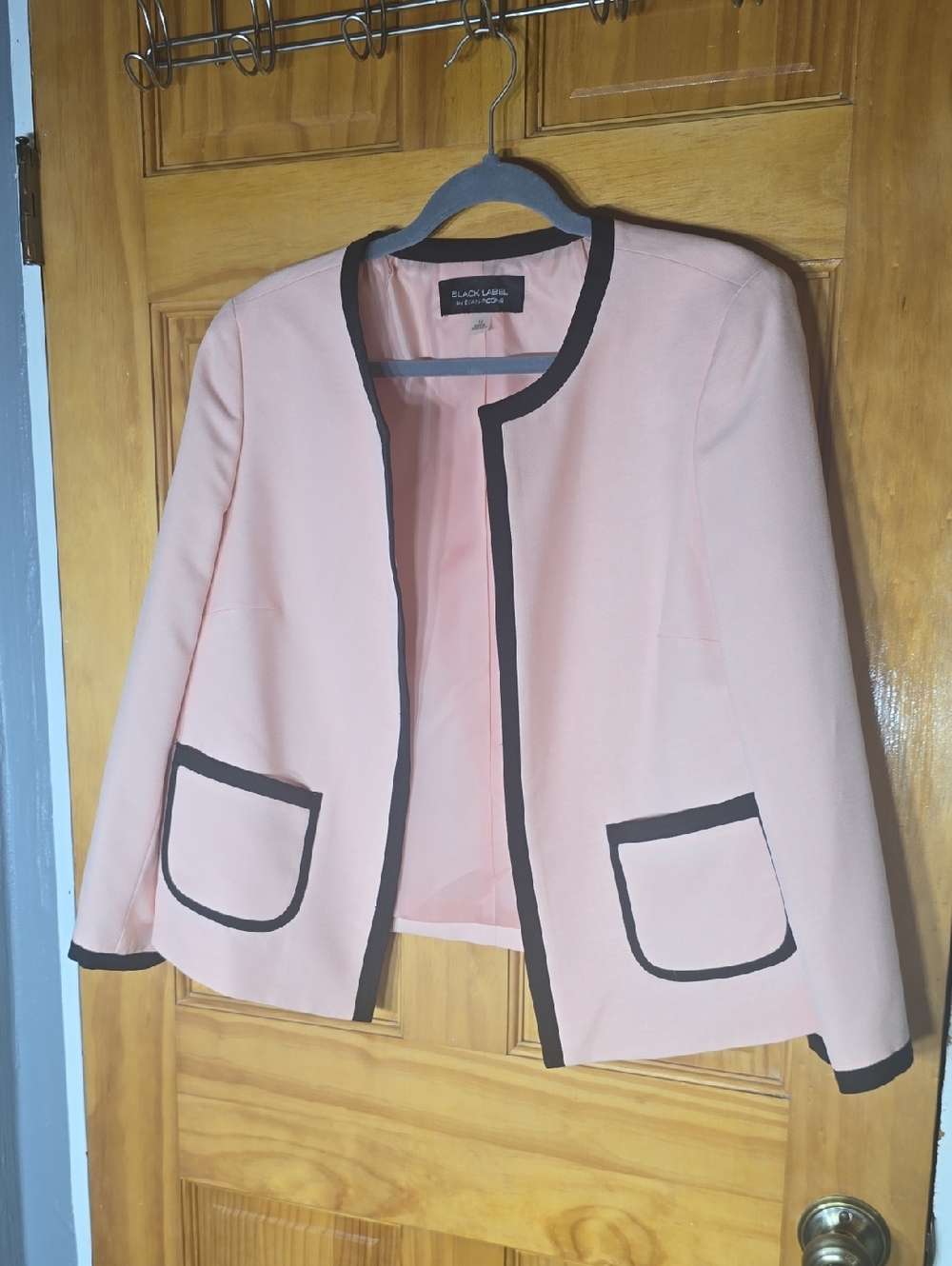 Evan Picone Blush Pink Open-Front Jacket with Black Trim